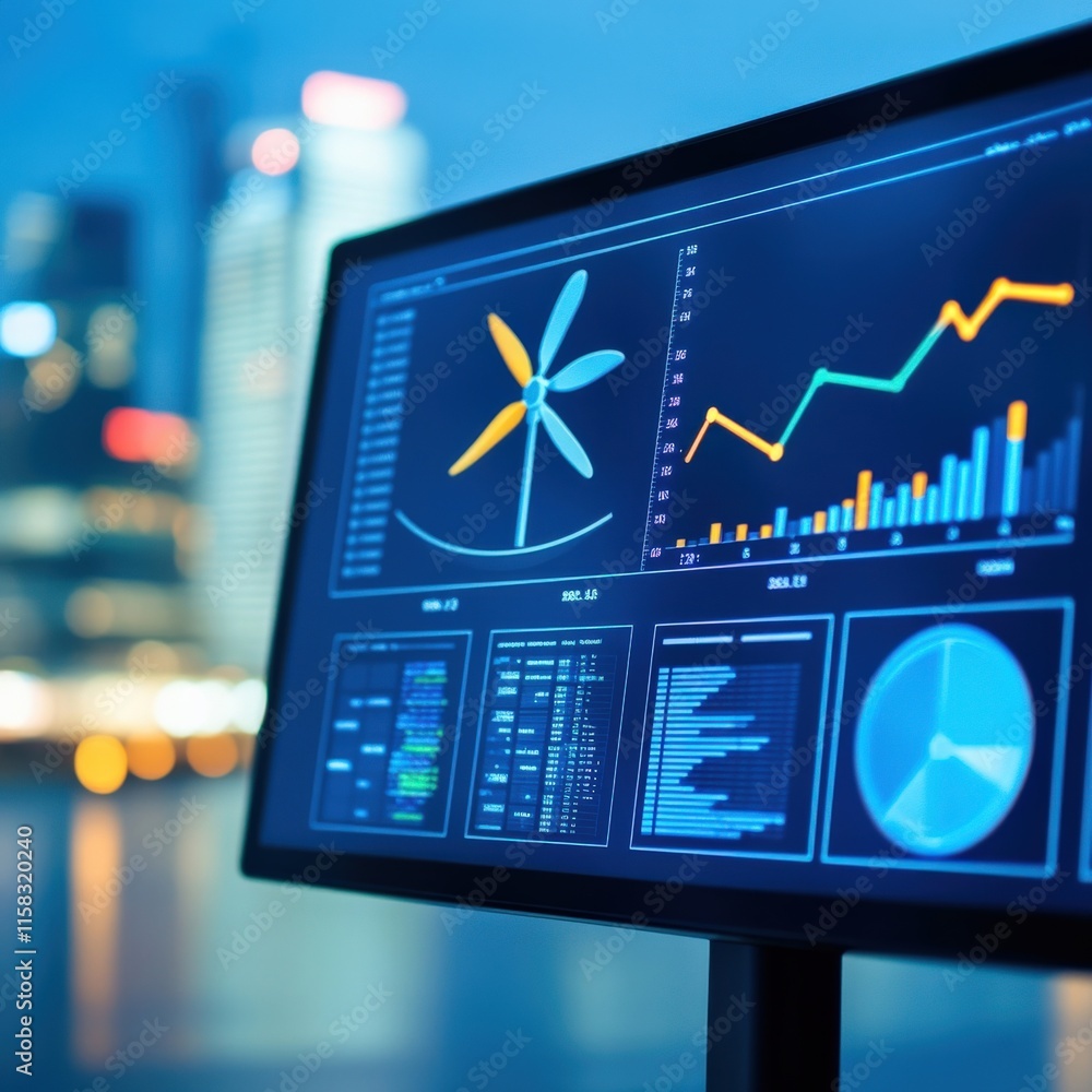 Poster detailed display of financial analytics and renewable energy data on modern computer monitor in urba