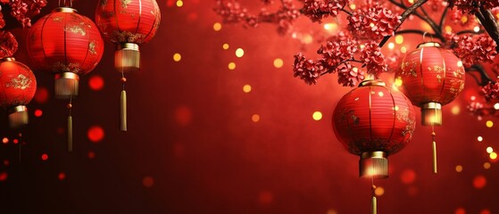 Chinese New Year Theme, A red background with red lanterns hanging from a tree