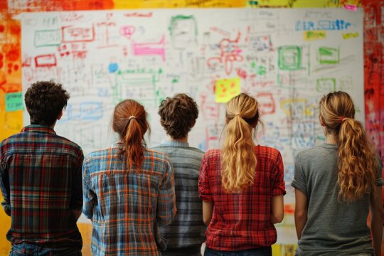 Team Brainstorming: Back view of a diverse group of young creative people looking at a large whiteboard filled with colorful drawings, ideas, and notes, symbolizing collaboration and innovation.