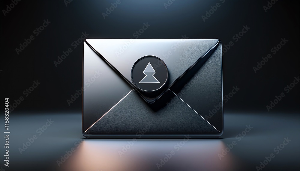 Poster a sleek black envelope with a minimalist design and a distinctive seal, set against a dark backgroun