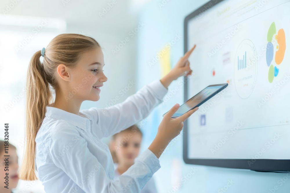 Poster young girl engaging with digital technology in a bright classroom, exploring educational tools while