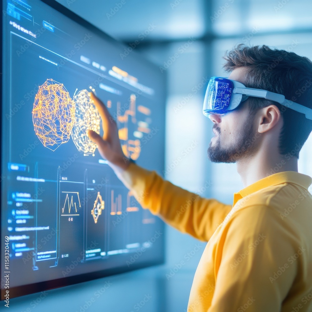 Poster young adult engaged in futuristic technology simulation wearing vr goggles in a modern office with d