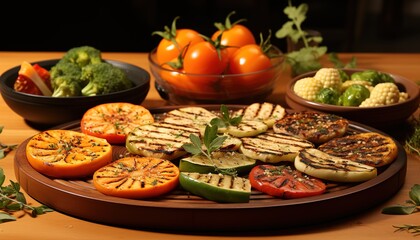 Fototapeta premium Boards with grilled vegetables on orange background 