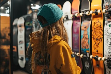 Obraz premium Gen Z girl at a modern urban skate shop, browsing unique skateboard decks and accessories, casual streetwear, vibrant and youthful vibe, skateboard culture atmosphere