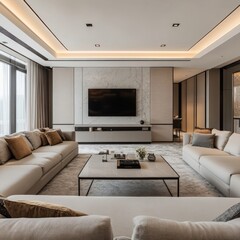 Fototapeta premium Modern living room with large TV, beige sofas, and marble wall.