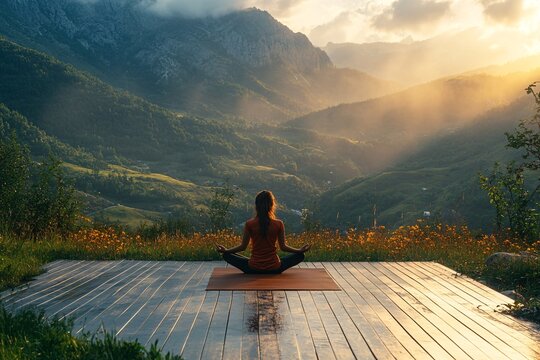 Mountaintop Meditation: A woman finds serenity amidst breathtaking mountain vistas, bathed in the golden glow of sunrise, as she engages in a peaceful yoga practice.