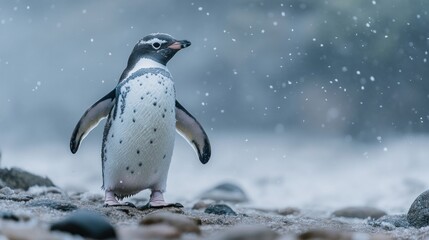 Obraz premium Humboldt penguin standing on rocky beach in snowfall.