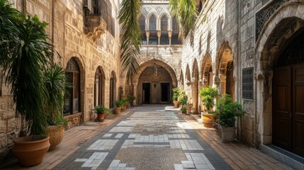 Ancient Courtyard Architecture with Stone Walls and Mosaic Tiles