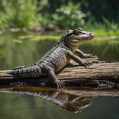 Obraz premium A baby alligator sunbathing on a log.