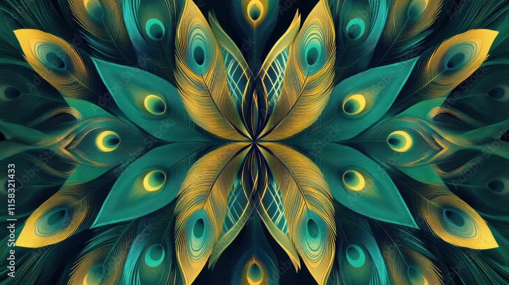 Leinwandbilder overlapping peacock feathers in shades of teal and gold with space for text in a decorative design. 