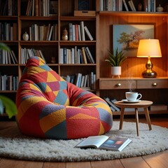 Colorful bean bag chair in a cozy interior with a bookshelf and warm lighting

