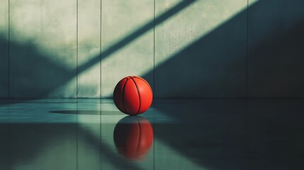 Highlighted basketball on a glossy court surrounded by deep shadows