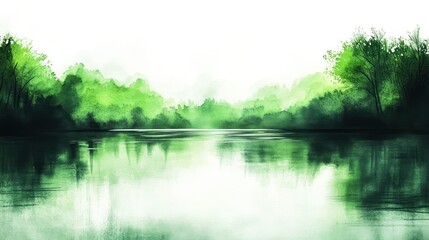 Obraz premium Serene watercolor landscape painting of a calm lake reflecting lush green trees and hills under a misty sky.