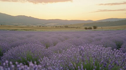 Obraz premium Sunset over a vast lavender field in a rural landscape with mountains in the distance.