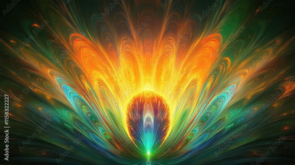 Aufkleber Vibrant display of peacock tail feathers with bright colors and fluid shapes creating an eye catching effect. Generative AI