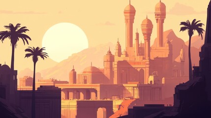 Obraz premium Sunset over a majestic Arabian palace, nestled amongst palm trees and mountains.