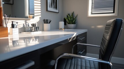 Sunlit vanity with makeup, chair, and plant.
