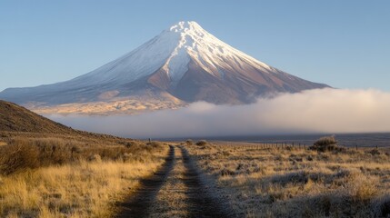 Fototapeta premium Majestic snow-capped volcano rising above a misty, frost-covered plain with a dirt road leading towards it at sunrise.