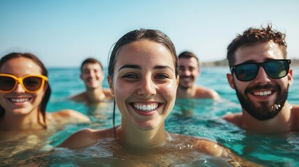 Obraz premium Group of friends enjoying a fun day at the beach, smiling and swimming in the clear blue water.