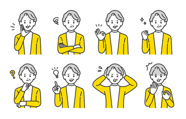 いろいろな表情やポーズをするシニア女性･高齢者のセット【人物ベクターイラスト素材】