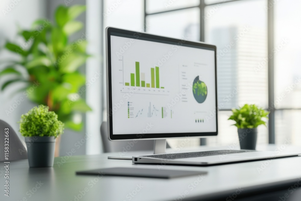 Poster modern office workspace featuring a computer displaying analytical graphs with potted plants for a f
