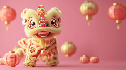Fototapeta premium Cute lion dance, traditional Chinese lion dance performance, New Year 3d illustration, New Year, 2025, Year of the snake, Lunar New Year, New Year's Eve, New Year's background