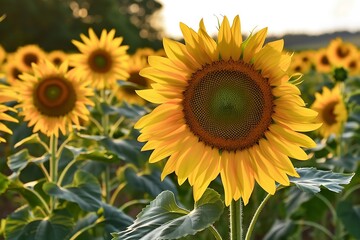 Fototapeta premium Closeup of a large, bright yellow sunflower in a field of other sunflowers. Petals are fully open, revealing the dark center. Sunlight illuminates the scene.