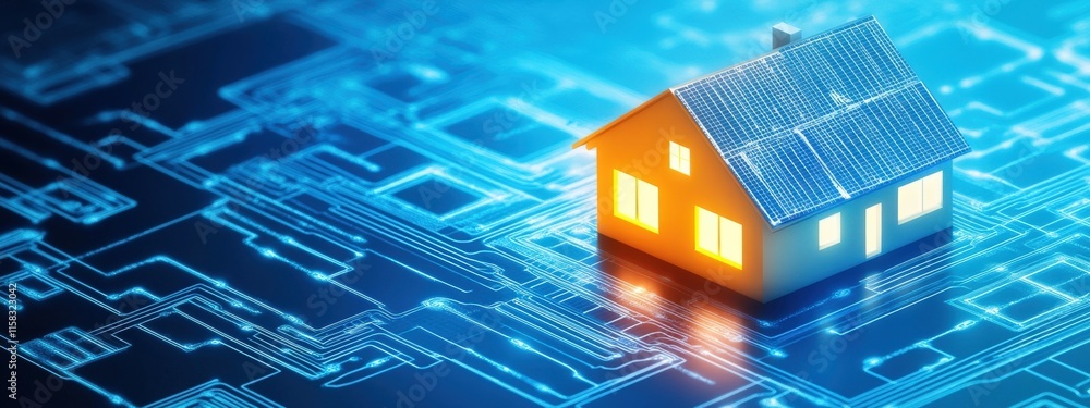 Aufkleber digital concept of smart home with solar panels on roof and abstract circuit background representing