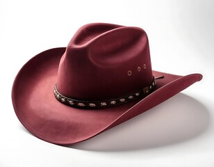 A maroon leather cowboy hat sits on a white background