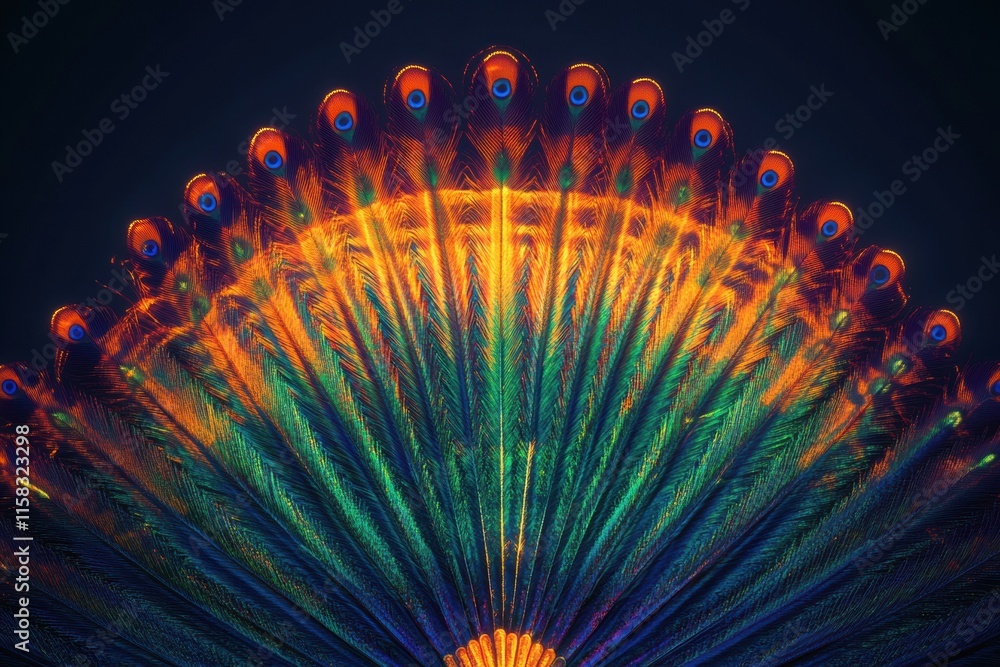 Fototapete vibrant display of peacock tail feathers in a stunning fan shape showcasing rich colors and intricat