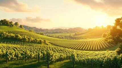 Fototapeta premium Sunlit vineyard landscape at sunset, rolling hills, green vines.