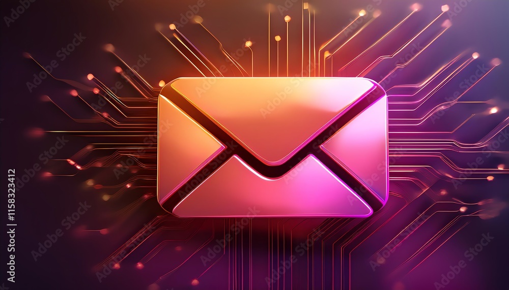 Poster a glowing email icon surrounded by digital circuits, symbolizing communication and technology.