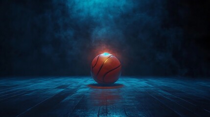 Fototapeta premium Isolated basketball glowing under a strong light beam on a dark wooden surface