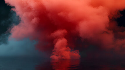 Fototapeta premium Fantastic red smoke. Magic smoke. Smog cloud on podium or stage. Fog vapor over ground or water surface, magic haze