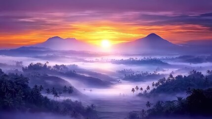 Obraz premium Vibrant sunrise over misty valley and mountains.