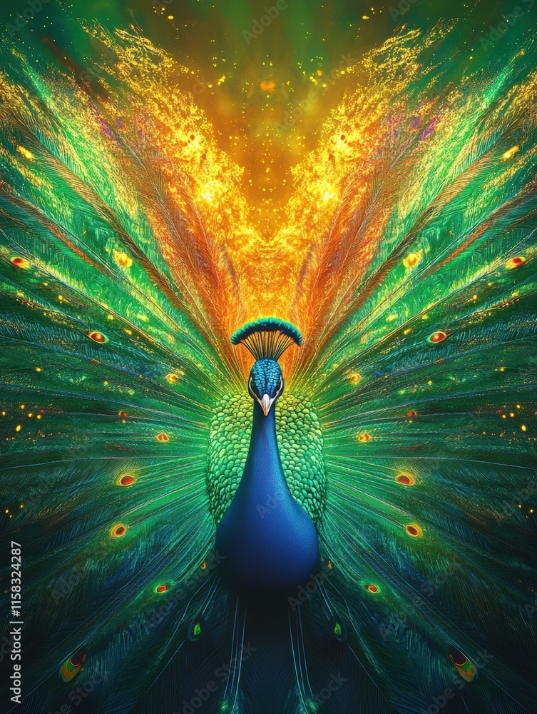 Leinwandbilder displaying vibrant peacock tail feathers in a colorful fan like arrangement with bright hues and mes