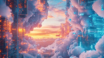 Fototapeta premium Futuristic city nestled in clouds at sunset, glowing with digital energy.