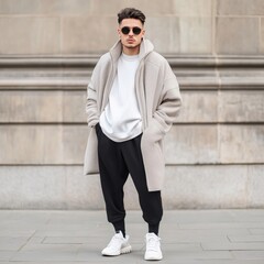 Obraz premium Stylish Young Man in Urban Setting Wearing Trendy Outerwear and Sunglasses, Showcasing Modern Fashion and Casual Elegance