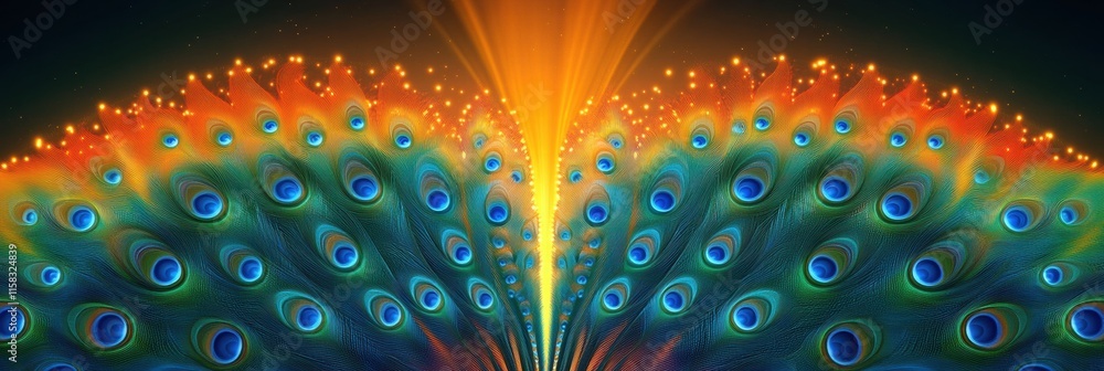 Fototapete display of vibrant peacock tail feathers in a colorful fan arrangement with brilliant hues and intri