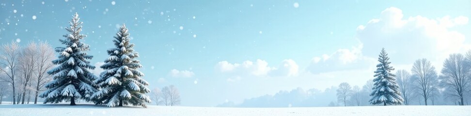 Obraz premium Bare evergreen trees against a pale blue sky with few clouds, empty space, snowflakes gently falling , landscape, tree, sky