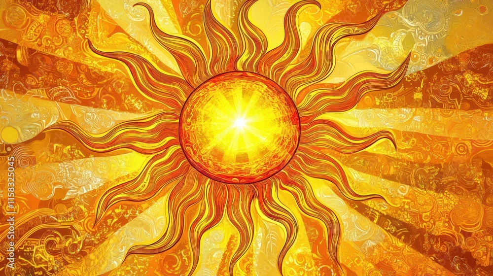 Poster bright sun doodle with pancake like rays shining in a vibrant yellow and orange pattern. generative 
