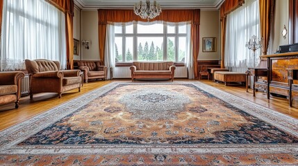 Obraz premium Luxurious vintage living room with large oriental rug, hardwood floors, and ample natural light.