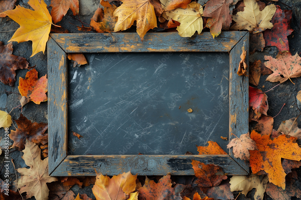 Poster black frame with a chalkboard inside is surrounded by autumn leaves. the frame is empty, but the lea