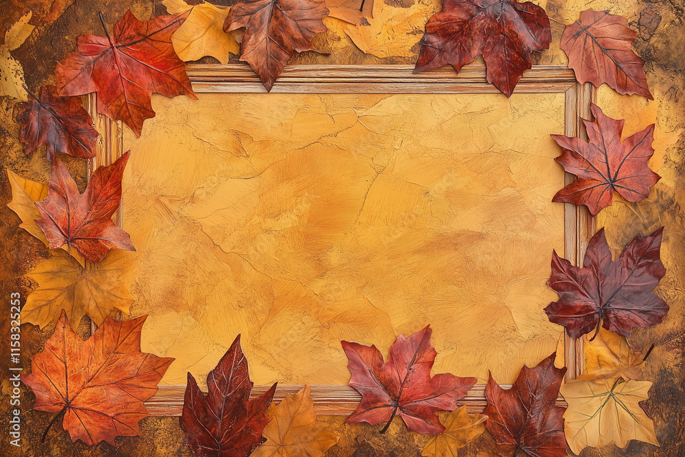Poster white frame with orange leaves surrounding it. the frame is empty and the leaves are scattered aroun