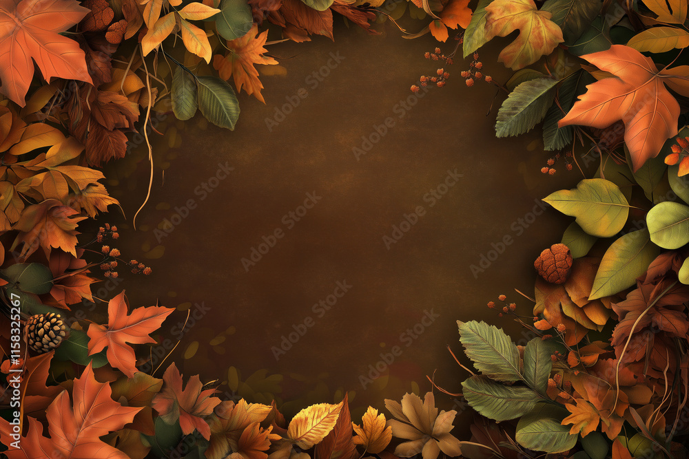 Poster brown background with a circle of leaves surrounding it. the leaves are of different colors and size