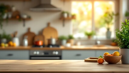 Wood table top on blur kitchen counter (room)background.