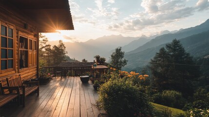 Fototapeta premium Sunset view from wooden cabin deck overlooking mountains.