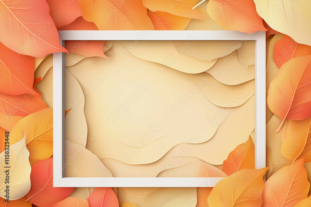 Poster white frame with orange leaves surrounding it. the frame is empty and the leaves are scattered aroun