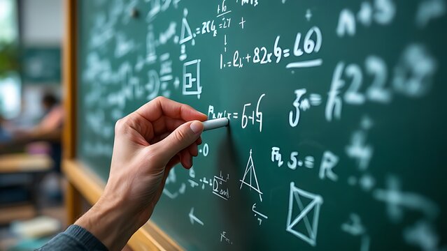 Teacher or student writing on blackboard during math lesson in school classroom