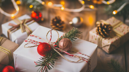 Close up of beautifully wrapped christmas gift on cozy blurred background